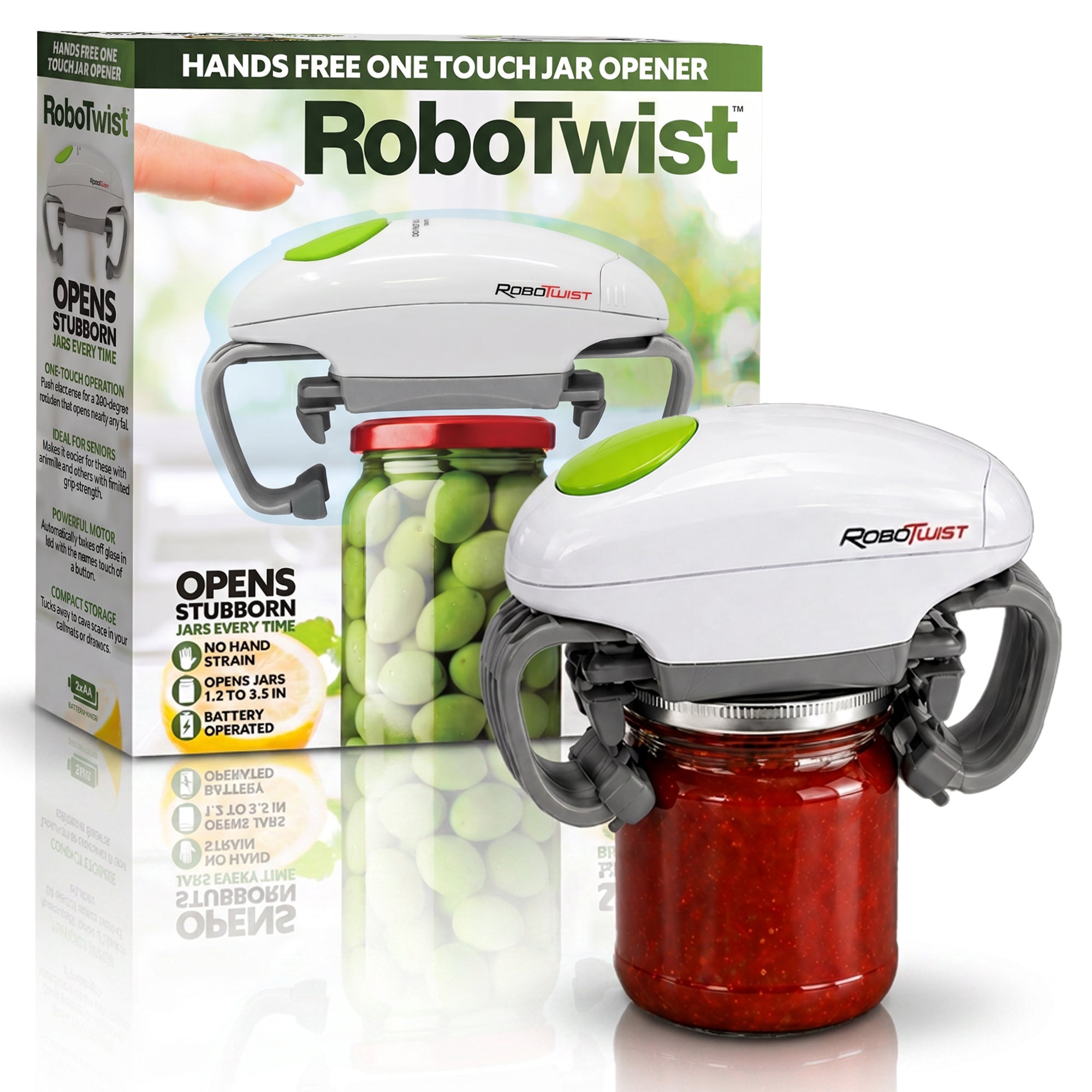 RoboTwist Automatic Jar Opener, white unit clamped onto a jar lid
